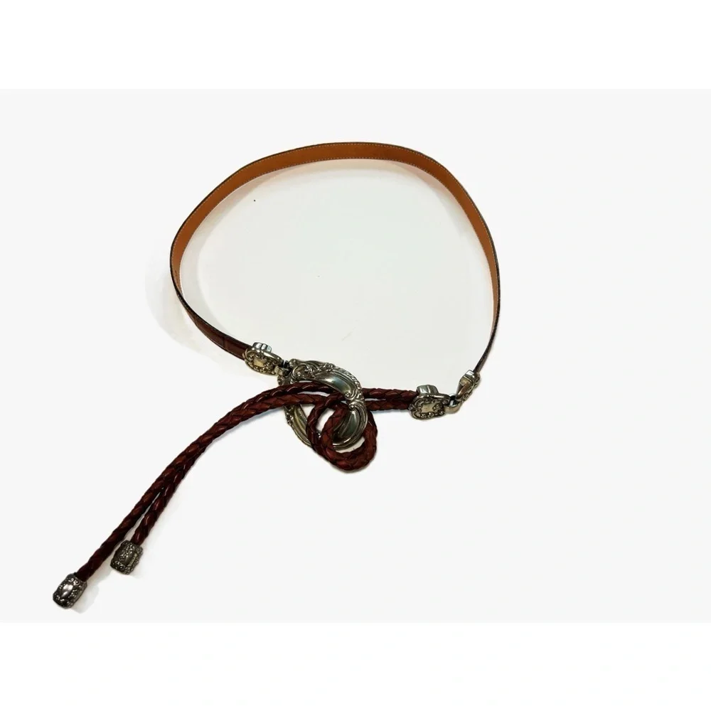 Brighton Retired Vintage Brown Leather Silvertone Bolo Tie Hip Belt Women size M